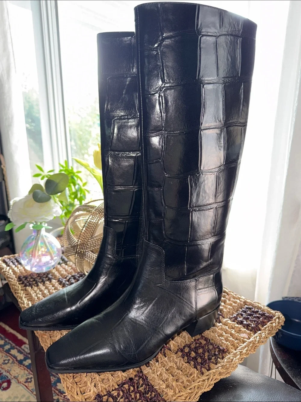 Vince Camuto Pavla Black Croc Embossed Leather Knee High Boots Size 6